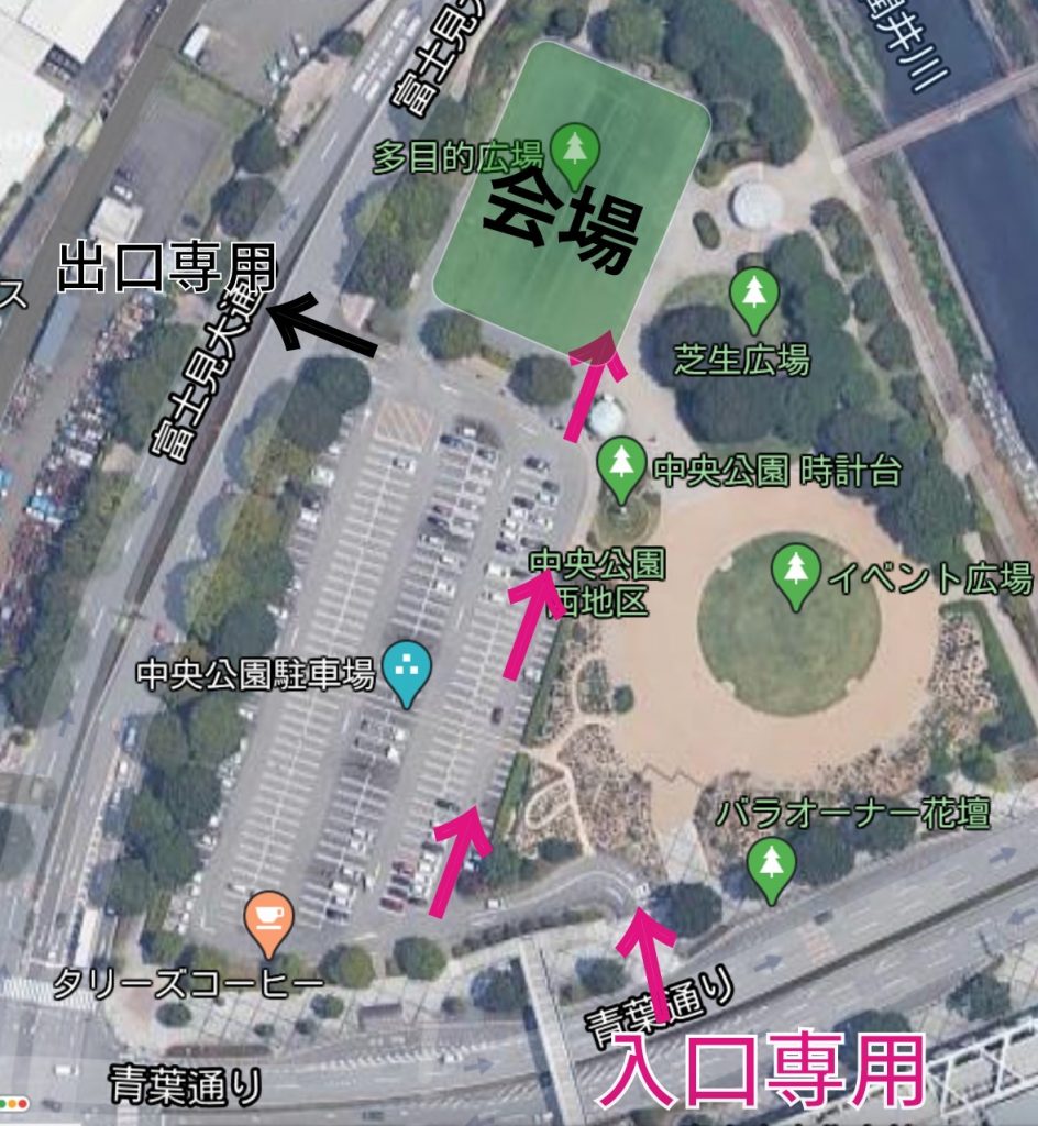 ドライブスルーお弁当合同販売会 ドライブスルー出入口の場所（中央公園北側駐車場）